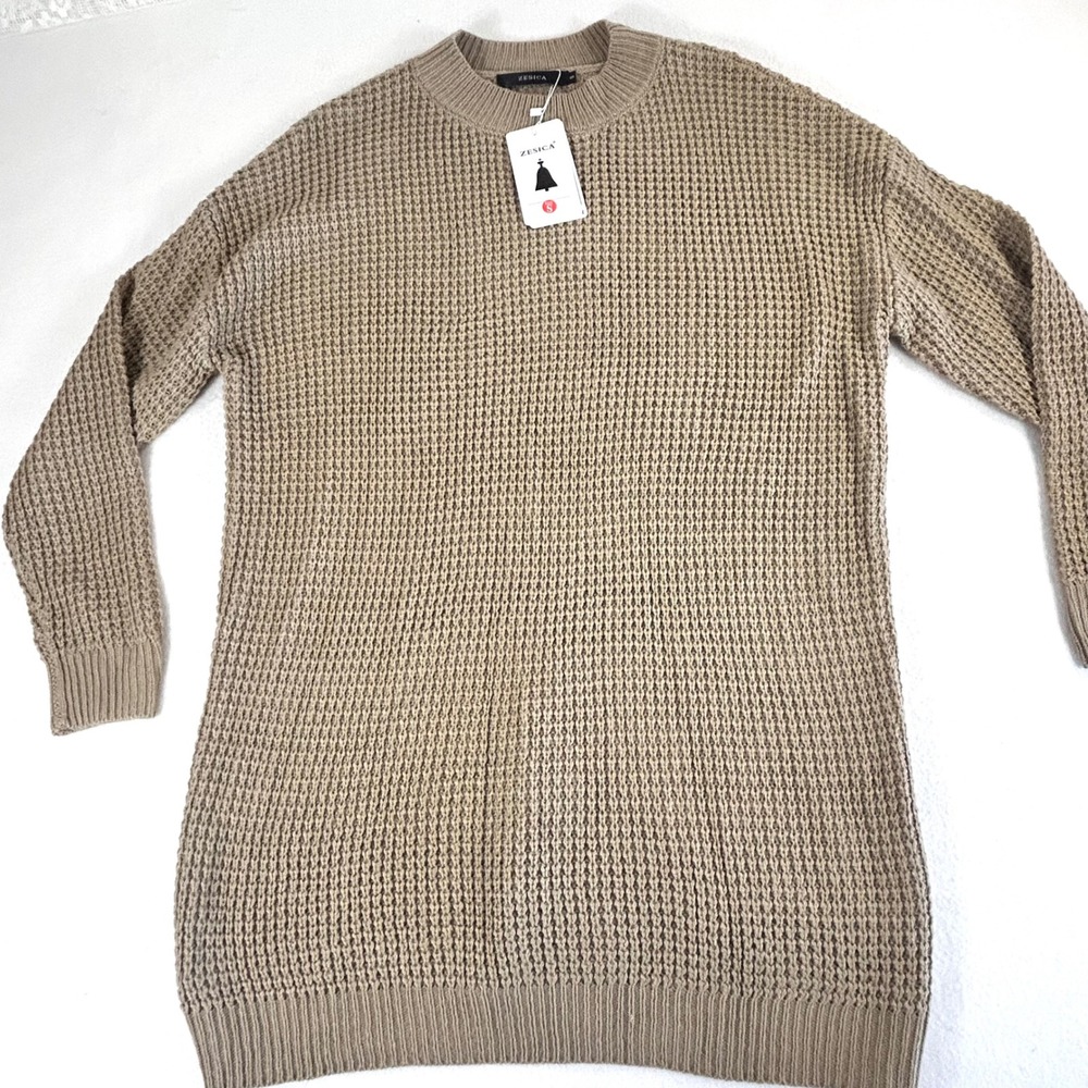 Zesica Tan Waffle Knit Crew‎ Neck Long Sleeve Sweater Dress Size S
